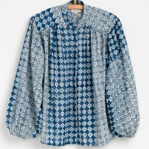 Umber & Ochre Sabrina Top Engineered Tile Block Print Top Indigo Blue Blouse NWT